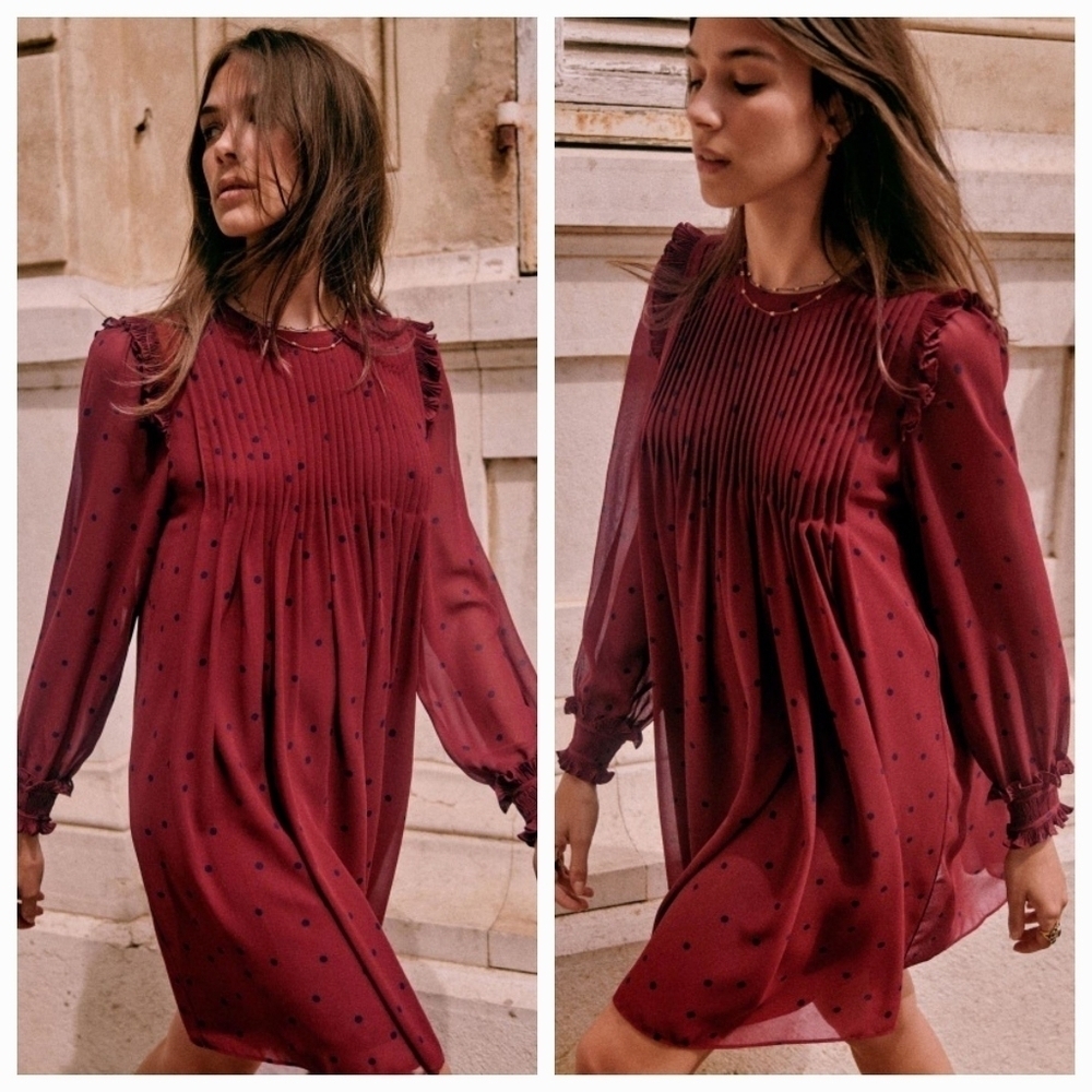 Sezane Eve Dress in Plum with Navy Dots size 34